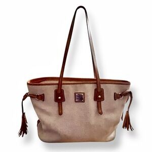 Dooney & Bourke Linen Davis Beige Canvas‎ Brown Leather Shoulder Bag Tassel